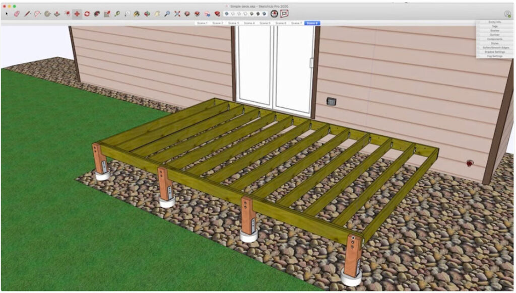 Um design de deck de madeira visualizado no SketchUp (Fonte: Aaron Dietzen via SketchUp).